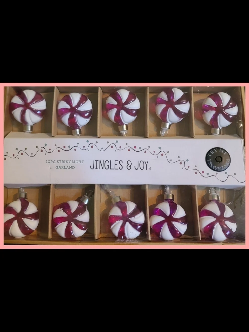 10pc Vintage String Light Garland 10' Pink Peppermint Candy Cane Swirl New